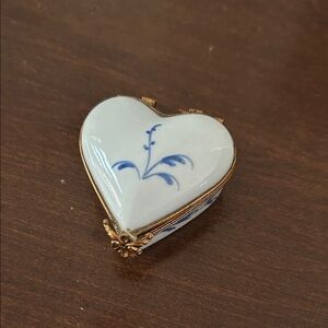 Vintage Limoges White Heart Jewelry Box with Blue Floral Design